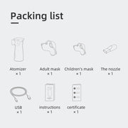 Packing list icons for handheld nebulizer including atomizer, adult mask, children's mask, nozzle, USB cable, instructions, and certificate