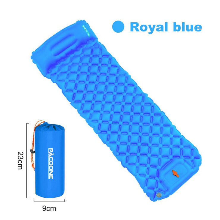 Royal blue outdoor camping inflatable mattress with built-in pillow and compact carrying bag