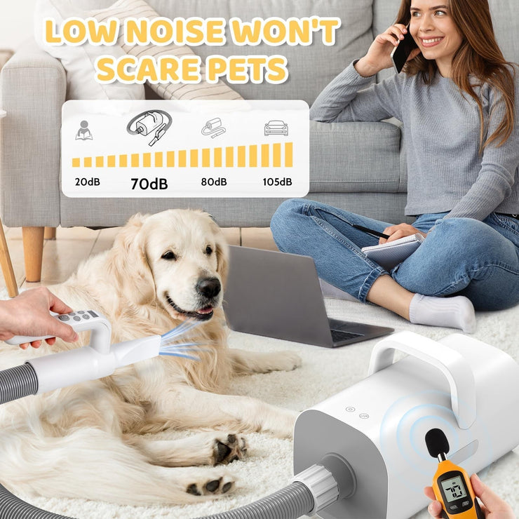 4-in-1 smart handle pet hair dryer with adjustable speed and temperature for dogs and cats, showcasing low noise operation.