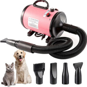 Professional-grade pet grooming blow dryer with adjustable speed and temperature, featuring four nozzles for dogs and cats.