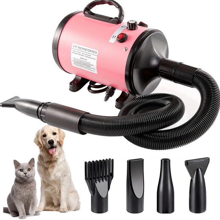 Professional-grade pet grooming blow dryer with adjustable speed and temperature, featuring four nozzles for dogs and cats.