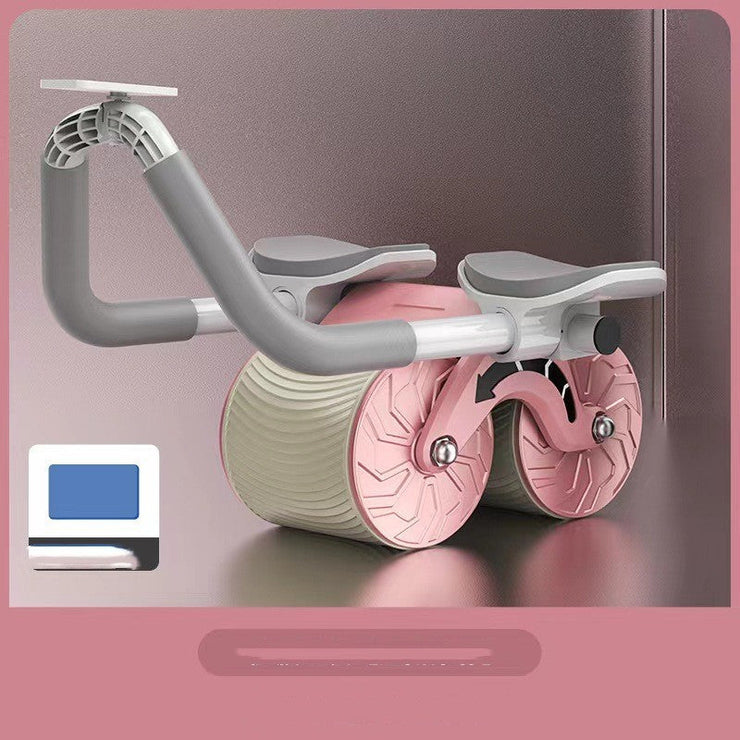 Abdominal wheel with automatic rebound and elbow support in pink and gray, ideal for fitness and belly slimming.