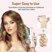 Portable automatic hair curler with easy one-button operation for effortless curls, featuring before and after styling images.