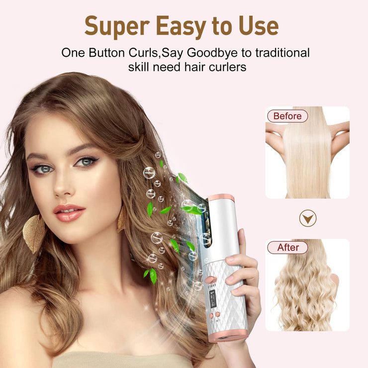 Portable automatic hair curler with easy one-button operation for effortless curls, featuring before and after styling images.