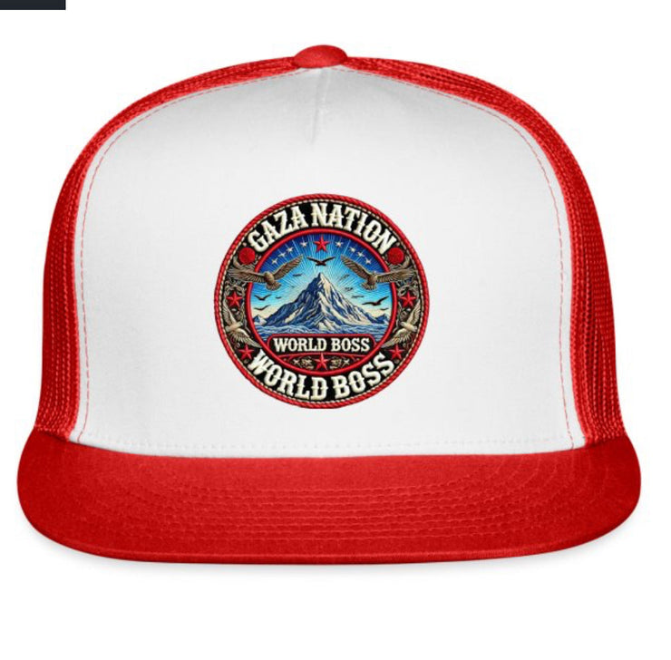 Gaza Nation Trucker Hat with World Boss design and red bill.