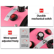 Pink and black professional-grade pet grooming blow dryer showing durable mechanical switch and adjustable wind speed controls.
