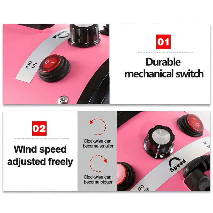 Pink and black professional-grade pet grooming blow dryer showing durable mechanical switch and adjustable wind speed controls.