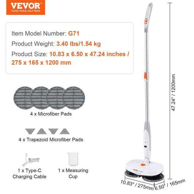 VEVOR Cordless Electric Spin Mop with Water Tank, 40-Minute Battery Life, LED Headlight, Dual Mop Heads, and 8 Microfiber Pads for Hardwood and Tile Floor Cleaning-The Joop Basket