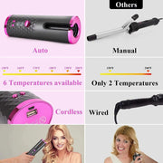 Portable automatic hair curler, ceramic rotating wireless curl wand, USB rechargeable, with heatproof design and anti-tangling technology.