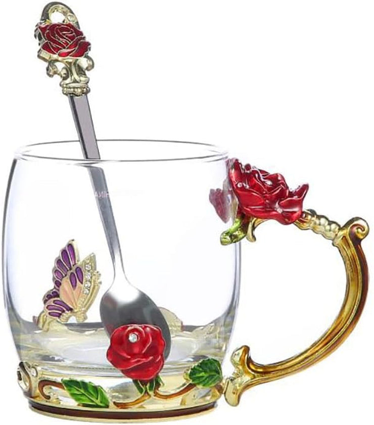 Elegant floral tea mug with 3D rose and butterfly design, includes a matching spoon.