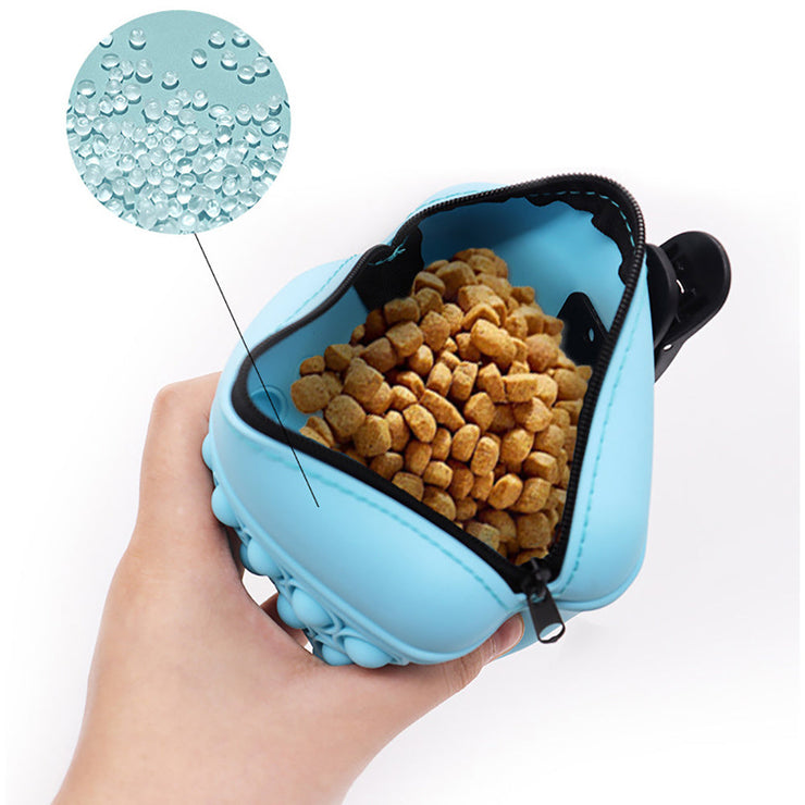 Silicone dog treat pouch with anti-slip design, lightweight and portable for pet training and walking.