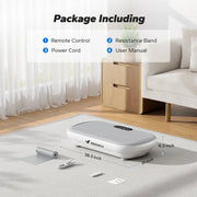 MERACH vibration plate exercise machine with remote, resistance band, power cord, and user manual displayed in living room setting.