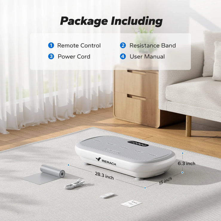 MERACH vibration plate exercise machine with remote, resistance band, power cord, and user manual displayed in living room setting.