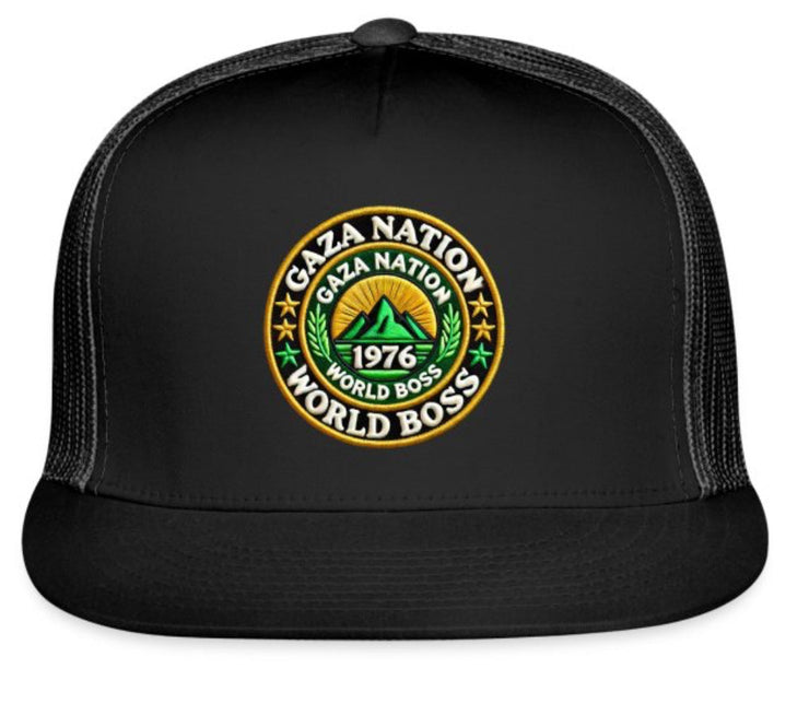 Black trucker hat with "Gaza Nation World Boss" emblem featuring laurel and star design.