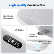 Vibration Plate Exercise Machine with silicone pedal, LED display, anti-slip suction cup, and shock-absorbing construction.
