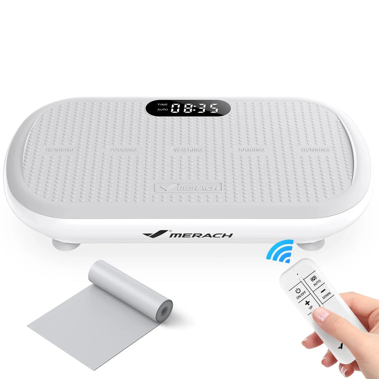 MERACH vibration plate exercise machine with Bluetooth, silicone pedal, and remote.