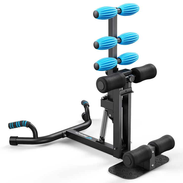 MERACH Deep Squat Machine with adjustable height, multifunctional glutes trainer, blue massage rollers, sturdy black alloy steel frame for leg and core strength training