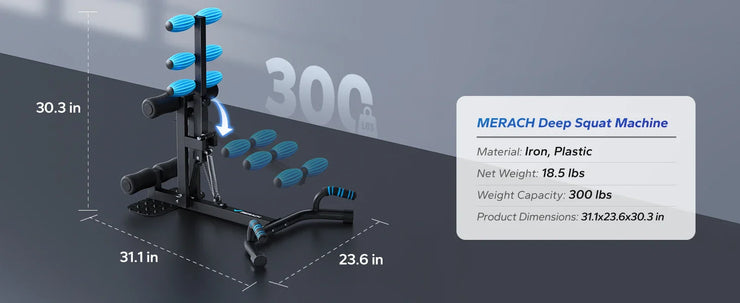 MERACH Deep Squat Machine, black alloy steel, multifunctional glutes trainer with 300 lb capacity, dimensions 31.1x23.6x30.3 inches.