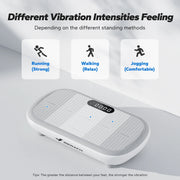 Vibration plate exercise machine with different intensities for running, walking, and jogging.