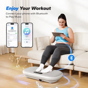 Woman using MERACH Vibration Plate Exercise Machine with Bluetooth for music connectivity.
