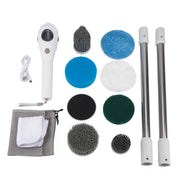 Electric cleaning brush with 8 interchangeable heads, telescopic poles, charging cable, and storage bag for effortless cleaning.