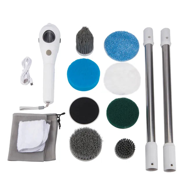 Electric cleaning brush with 8 interchangeable heads, telescopic poles, charging cable, and storage bag for effortless cleaning.