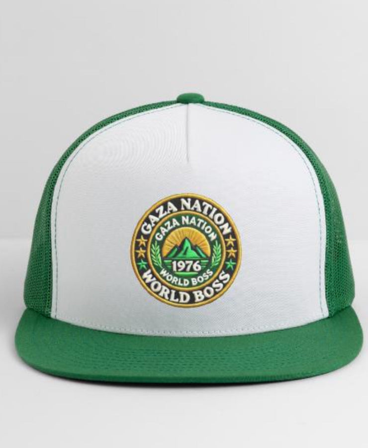 Gaza Nation Trucker Hat with green brim and "World Boss" logo.