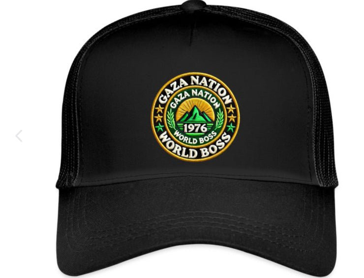Black Gaza Nation Trucker Hat with 'World Boss' logo design.