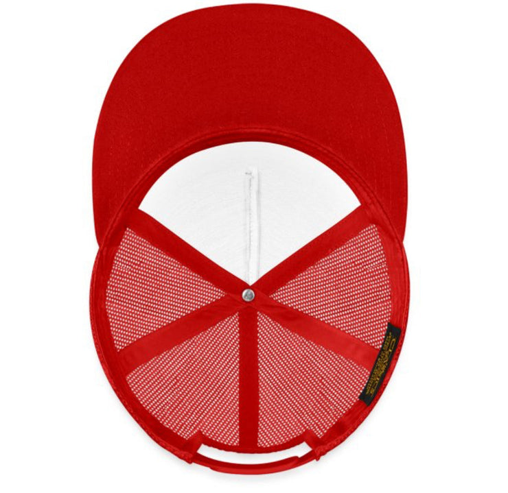 Red Gaza Nation Trucker Hat with mesh back and snap closure.