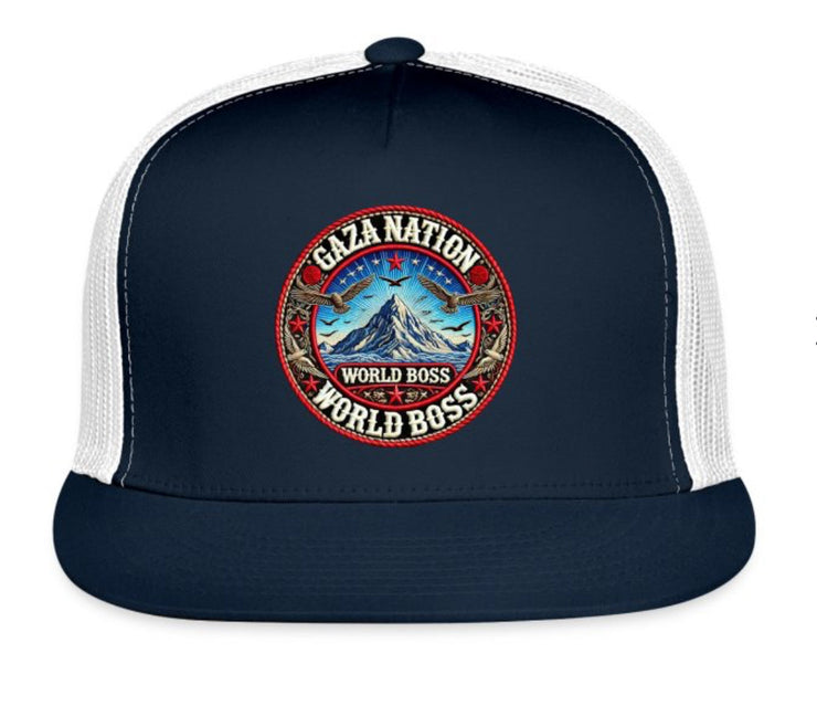 Gaza Nation Trucker Hat with World Boss logo design.