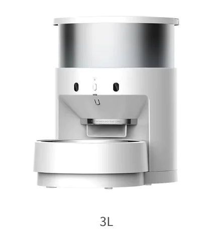 Automatic pet feeder with stainless steel design for timed food dispensing.