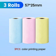 Colorful 57MM thermal printing paper rolls for mini printers, featuring blue, pink, and yellow options.