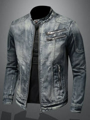 Personality slim fit stand collar cycling motorcycle jacket in denim with zip trim, inspired by Marvel Venom.
