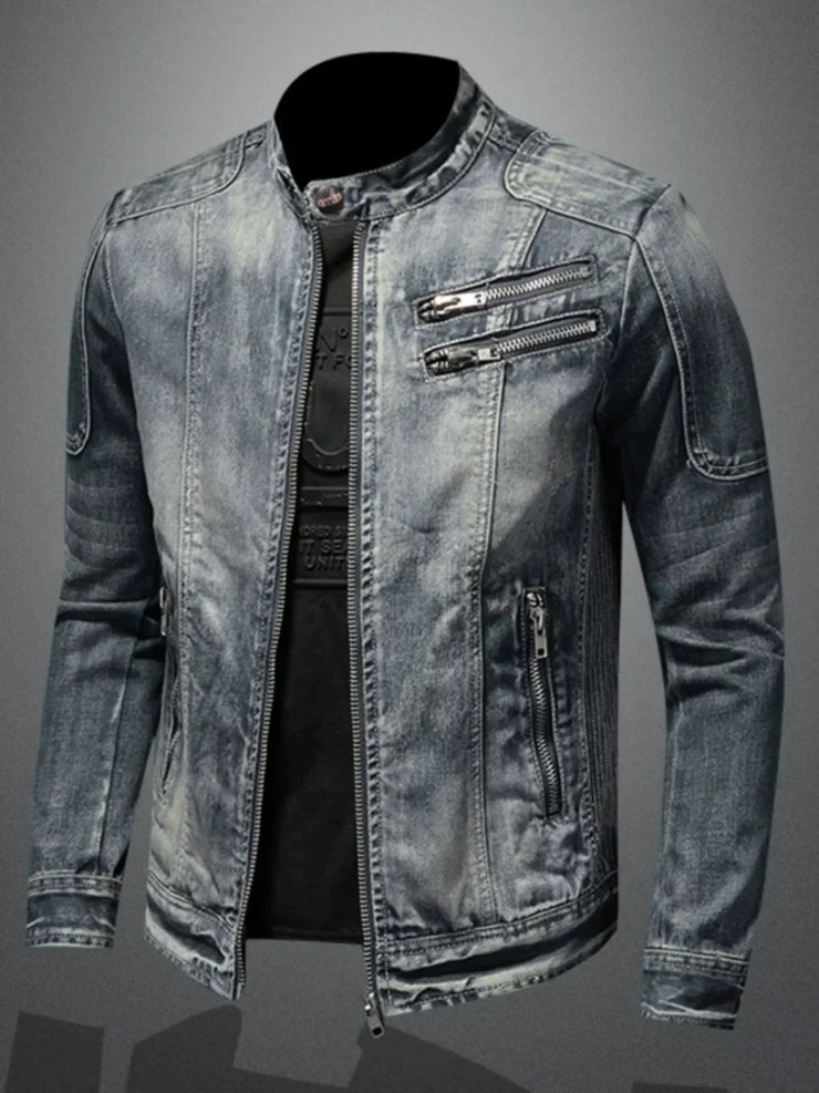 Personality slim fit stand collar cycling motorcycle jacket in denim with zip trim, inspired by Marvel Venom.