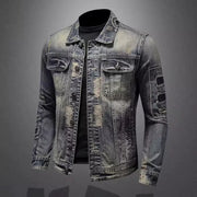 Personality slim fit stand collar jacket with denim fabric, featuring zip trim and side slit pockets, ideal for spring and autumn motorcycle cycling.