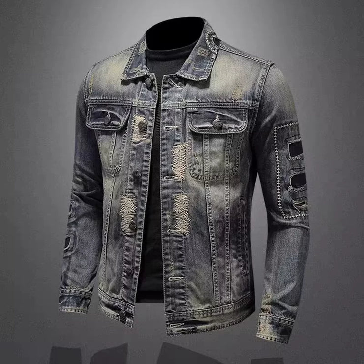 Personality slim fit stand collar jacket with denim fabric, featuring zip trim and side slit pockets, ideal for spring and autumn motorcycle cycling.
