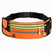 Outdoor fitness waterproof sports waist bag in orange with multiple zipper compartments and a secure buckle.
