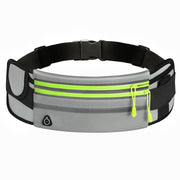 Outdoor fitness waterproof sports waist bag in light gray with fluorescent green accents.