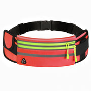 Outdoor fitness waterproof sports waist bag in red with green zippers and black strap.