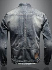 Slim fit denim motorcycle jacket with stand collar and zip trim.