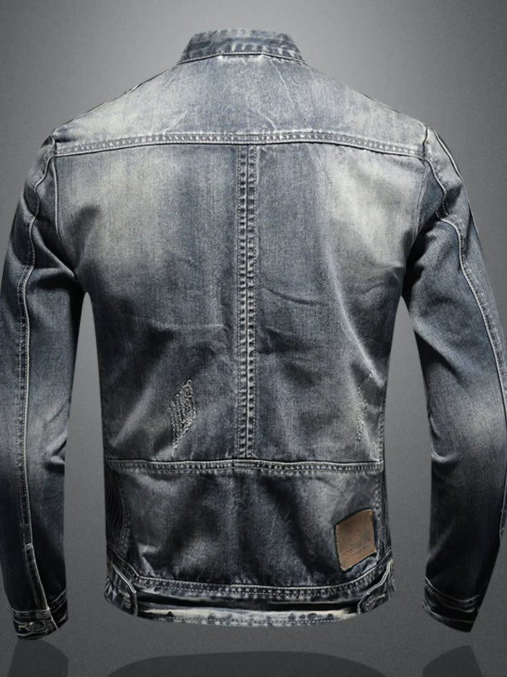 Slim fit denim motorcycle jacket with stand collar and zip trim.