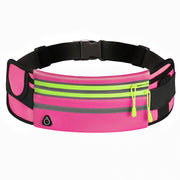 Outdoor fitness waterproof sports waist bag in rose red with green zippers, featuring breathable, waterproof, and anti-theft functions.