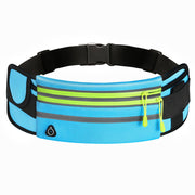 Outdoor fitness waterproof sports waist bag in sky blue with black strap and neon accents.