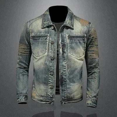 Personality slim fit denim jacket with stand collar and zip trim for cycling and motorcycle use.