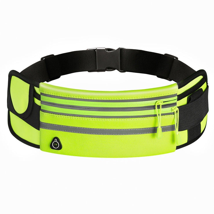 Fluorescent green waterproof sports waist bag with release buckle for outdoor fitness.