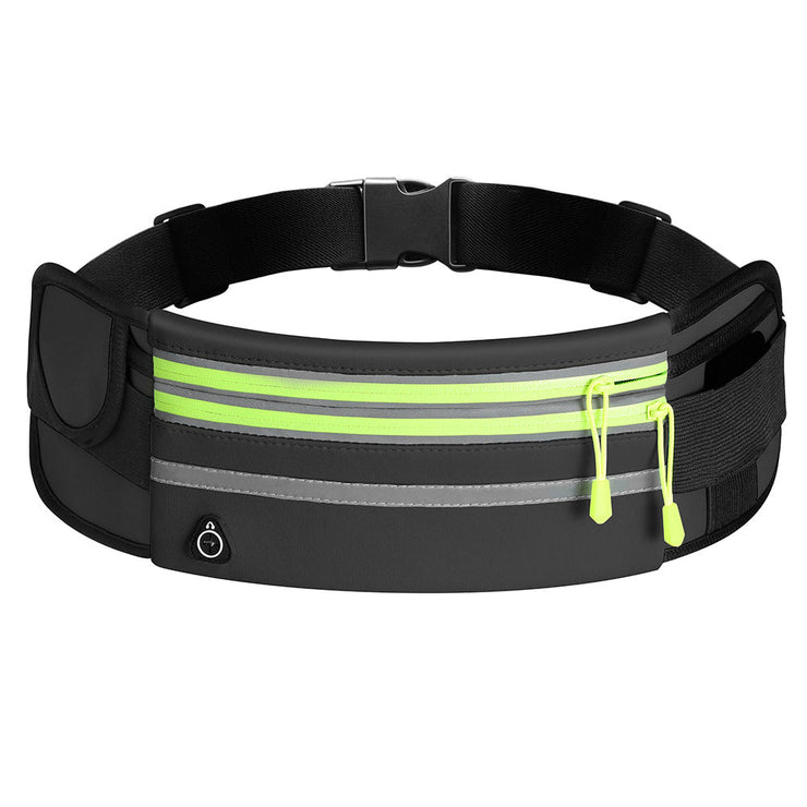 Outdoor fitness waterproof sports waist bag with fluorescent accents and release buckle.
