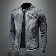 Slim fit denim motorcycle jacket with stand collar and zipper accents, ideal for cycling and leisure in spring and autumn.