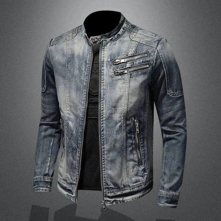 Slim fit denim motorcycle jacket with stand collar and zipper accents, ideal for cycling and leisure in spring and autumn.