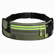 Outdoor fitness waterproof waist bag in Army Green with release buckle and yellow zippers.