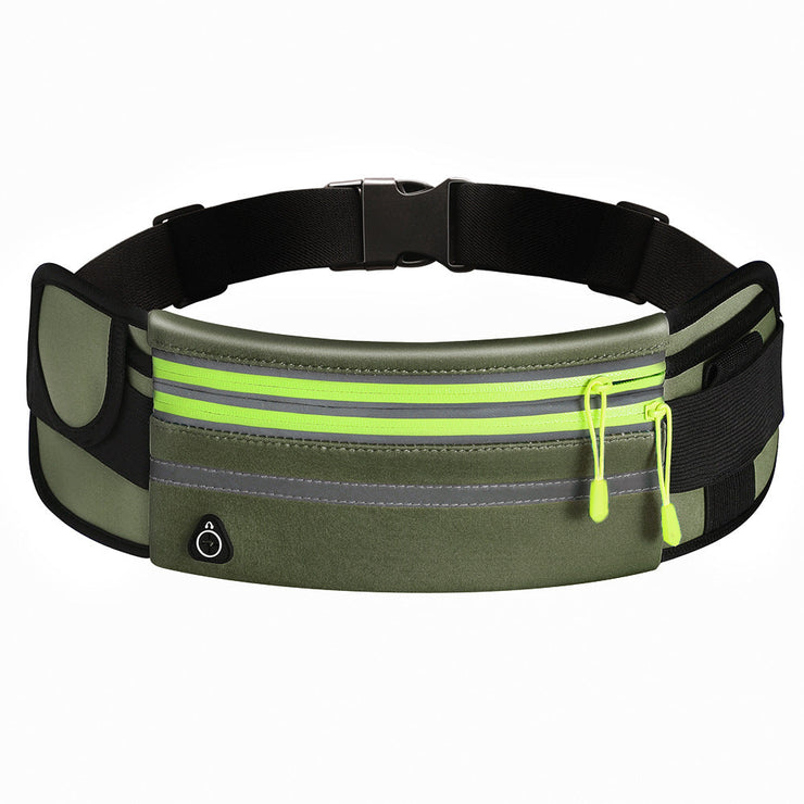 Outdoor fitness waterproof waist bag in Army Green with release buckle and yellow zippers.